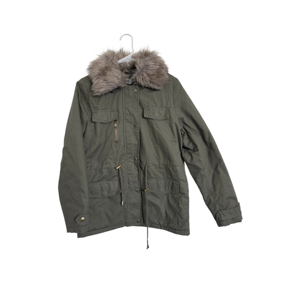 Charlotte Russe Faux Fur Collar Utility Parka Jacket Women M Olive Green Y2K NEW
